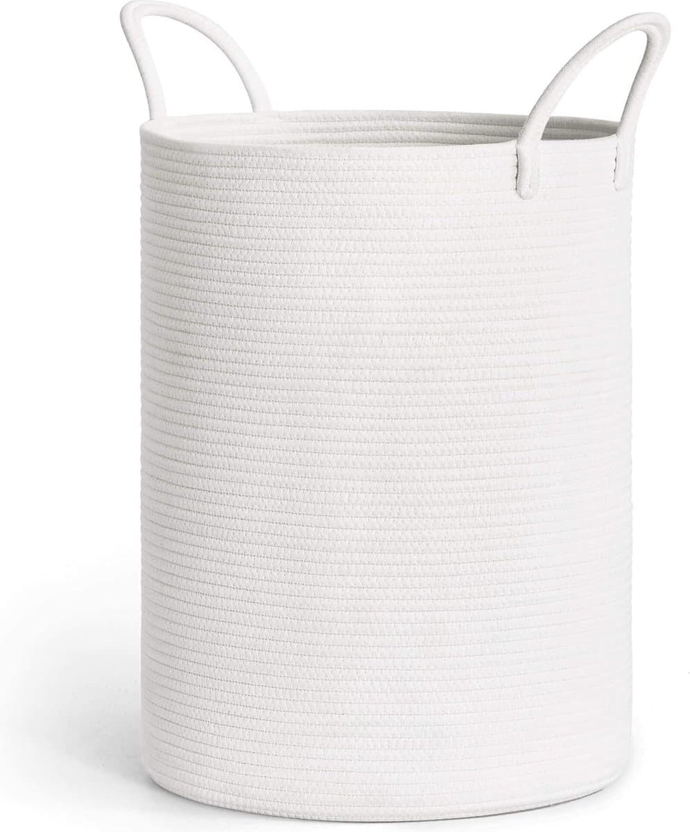 Wasmand, smal wit, gevlochten grote opbergmand voor kinderkamer, van katoen met handgrepen, handdoekmand voor badkamer, woonkamer, mand voor babyspeelgoed, 38 x 50 cm, wit — afbeelding 1
