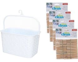 Wasknijpersmandje met ophanghaak - wit - en 96x houten wasknijpers 7 cm - was ophangen