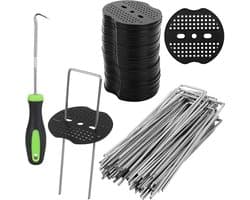 SnelShoppen - 50 Stuks Weed Cloth Haken + 50 Wasmachines, Grondankers voor Tuin, Kunstgras, Camping, U-Vormige Grondspijkers 150x40mm - Ø2.5mm