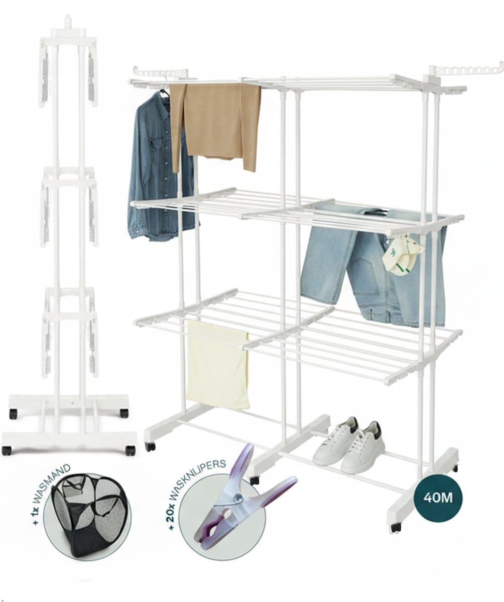 BAUER & MEYER® - Droogtoren met wieltjes XL - 40 Meter drooglengte - Incl. 20 wasknijpers + 1x wasmand - Wastoren inklapbaar - 170 x 134 x 65 cm - Wit — afbeelding 1