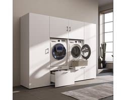Roomart SERIE 2 Wasmachine Ombouwkast 254x205 cm - Kastenwand met 2 Hoge Kasten - Wit
