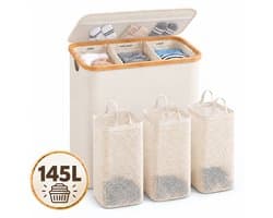 YYchan Wasmand 3 Vakken-Wasmand Met Deksel-Wassorteerder Bamboe-Oxford-Stof-Laundry Basket-Classificatielabel-Beige-145L