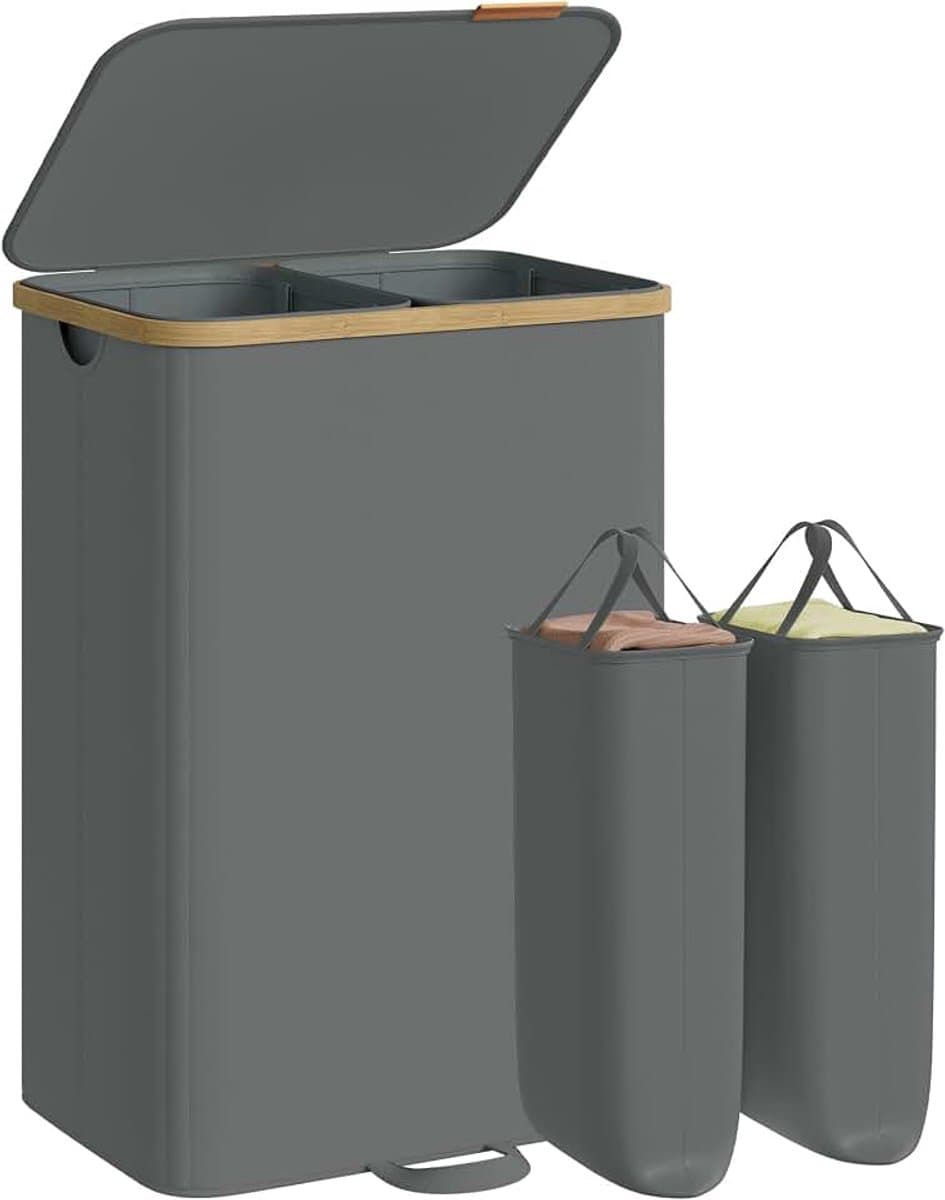 Wasmand met deksel, wasverzamelaar, wassorteerder, wasbak, waszak, uitneembaar, bamboeframe, voor waskeuken, slaapkamer, 2 vakken, 150 liter, leigrijs LCB532GN01 — afbeelding 1