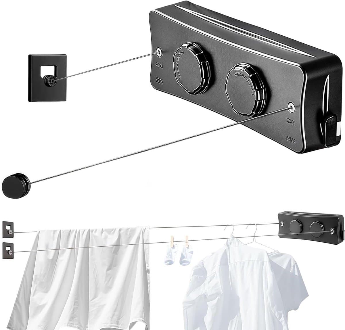 Uitschuifbare Waslijn - Drooglijn Balkon - Kleding Drogen - Dubbele Uittrekbare Lijn - 2x5.1m - Zwart — afbeelding 1