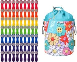 Wasknijpers set regenboog met katoenen wasknijperzak bloemen-smiley design, antislip, met karabijnhaak en trekkoord, wasbaar