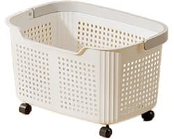 Wasmand - Wasmand met wielen - Wasbox - Wasmand badkamer -Opbergmand - Wassorteerder - Kunststof Wasbox - Wasmand voor Badkamer, Slaapkamer, Wasruimte - 36 x 26 x 19,5 cm - Crèmewit