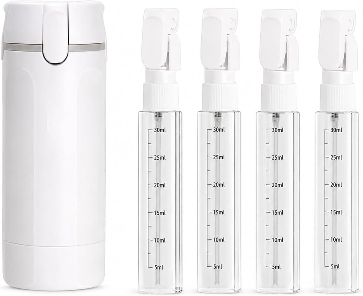 4-in-1 reisdispenser, reisdispenser om te vullen, lekvrij, geschikt voor toilettas en reisflessen, biedt ruimte voor shampoo, lotion, spoeling, douchegel enz. (wit) — afbeelding 1