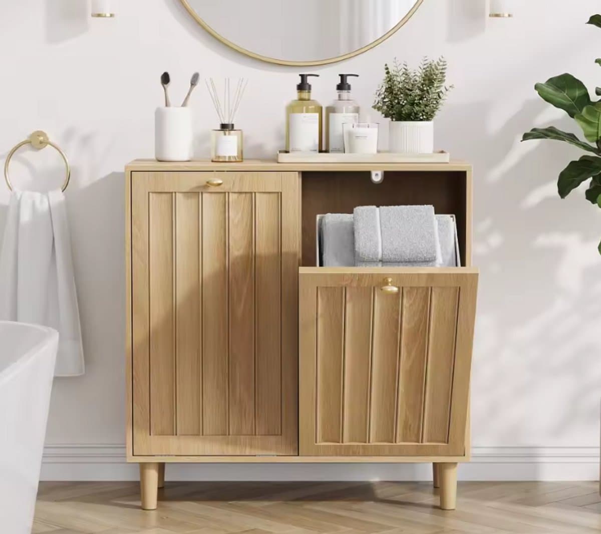 Wasmand Kast Houtlook - Badkamerkast met Kantelbare Wasmand - 2 Deuren - Opbergkast Handdoeken - 69.5 x 35 x 70.5 cm - Max 50kg - Modern Design — afbeelding 1