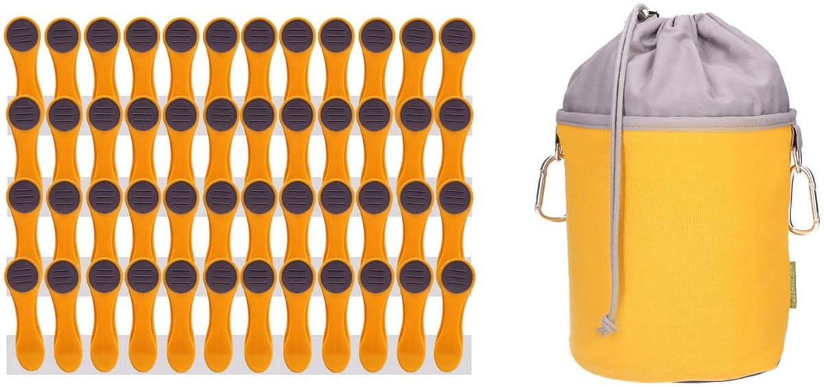48 wasknijpers geel met roestvrij stalen veren en 1 design BellaCott wasknijperzak van katoen zon — afbeelding 1