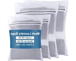 Waszakken Set van 4 Stuks, Fijnmazig en Duurzaam Wasnet met Rits, Beschermt Kleding, Ideaal voor BH, Ondergoed en Delicate Was