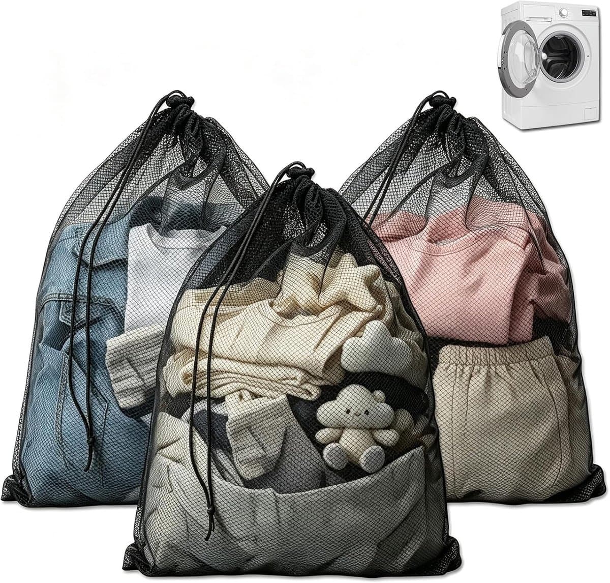 3 stuks wasnet met koordstopper, trekkoord voor wasmachine 70 x 90 cm - ShopVlot — afbeelding 1
