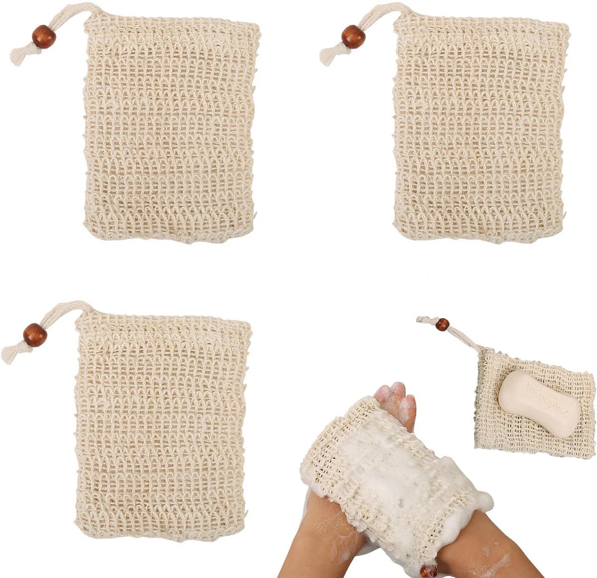 3 stuks - Badkamer zeeptas - Natuurlijke zeepzak - Schuimnet van katoen en linnen - Schuimnetzak voor badhanddoeken - Handgemaakte zeeptas - Badkamer zeeptas met trekkoord - Met kralen - 9 cm x 14 cm - Beige — afbeelding 1