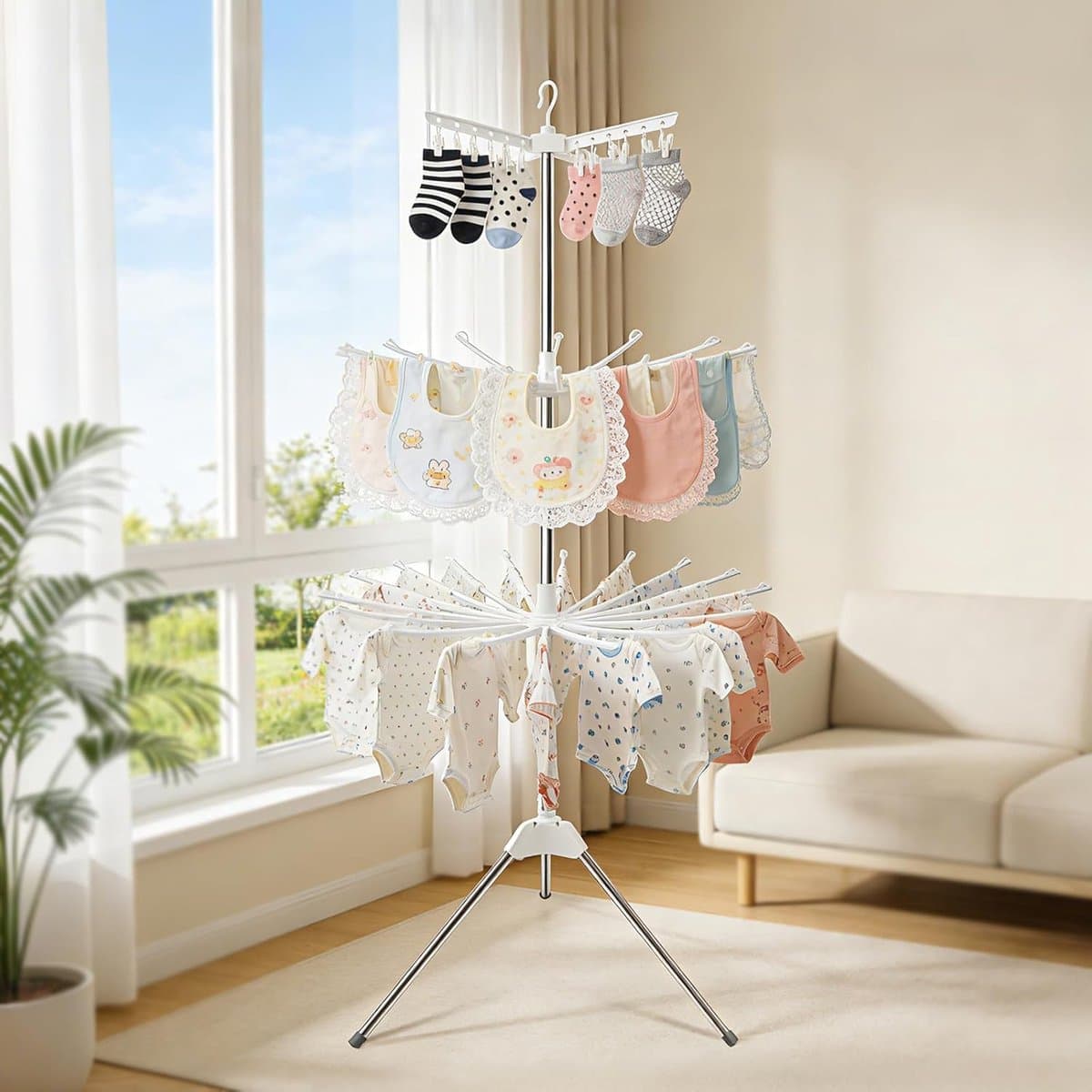 Droogtoren met 3 verdiepingen - Kleine droogmolen binnen - Kleding drogen - Met sokkenhouder - 32 stangen 24 clips - Zilver — afbeelding 1