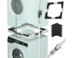 Universele stapelset voor wasmachine en droger, verstelbaar tussenbouwframe 45-68 cm, wit - Plaatsbesparende oplossing met trillingsdemping en bevestigingsriemen