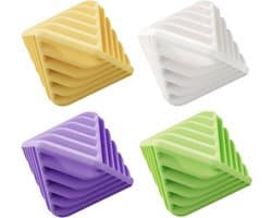 Verpakking van 4 herbruikbare antistatische wasballen, 65*58*60 mm, geschikt voor wasverzachter in de wasmachine. Het gestructureerde oppervlak voorkomt dat kleding in de knoop raakt en verbetert het reinigingseffect (geel, paars, groen, wit). — afbeelding 1