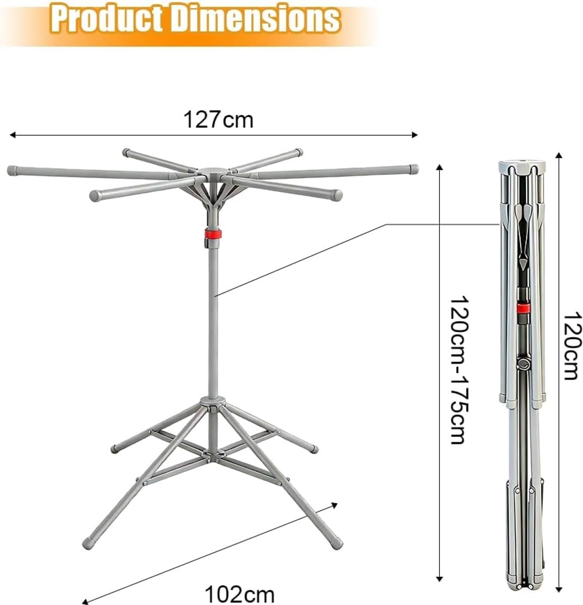 Wasrek - Opvouwbaar Droogrek - 6 Palen - Incl. 20 winddichte haken + 2 winddichte sokkenclips - 120-170cm - Koolstofstaal Roestvrij - Ruimtebesparend & Compact - Voor Binnen, Balkon & Buiten — afbeelding 1