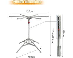 Wasrek - Opvouwbaar Droogrek - 6 Palen - Incl. 20 winddichte haken + 2 winddichte sokkenclips - 120-170cm - Koolstofstaal Roestvrij - Ruimtebesparend & Compact - Voor Binnen, Balkon & Buiten