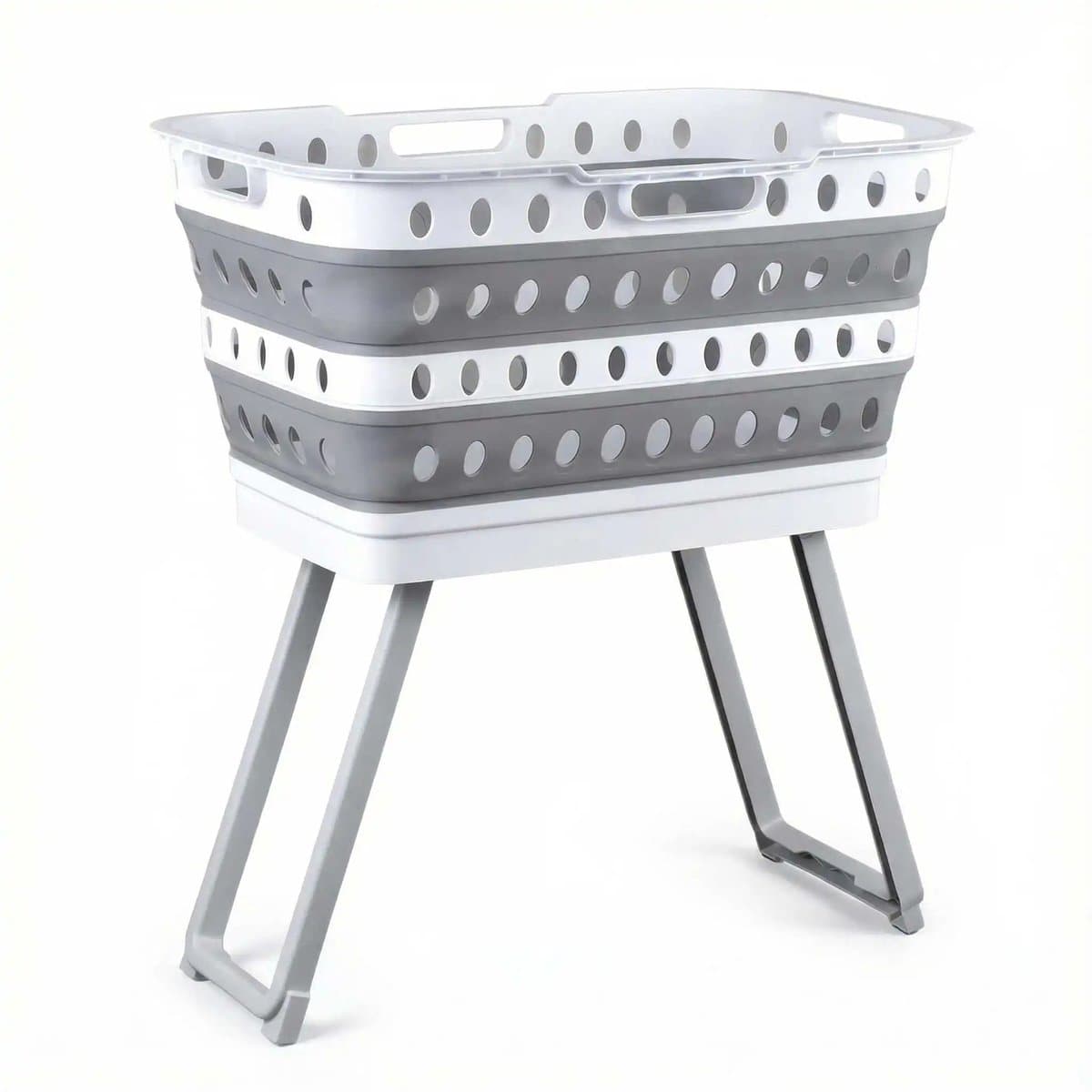 Opvouwbare Wasmand met Onderstel XL - 65L - Vrijstaande Wasmand - Ruimtebesparend - Grijs/Wit - Wasmand — afbeelding 1