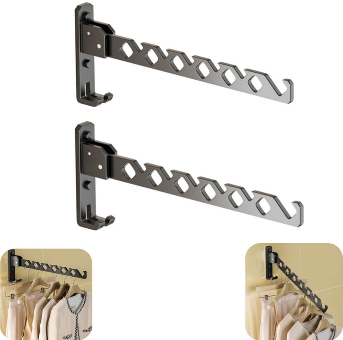 2 stuks kledinghanger - droogrek - kledingopslagrek - wandmontage - inklapbaar - geen boren nodig - opbergaccessoires - geschikt voor binnen, buiten, balkon (zwart, 34*13cm) — afbeelding 1
