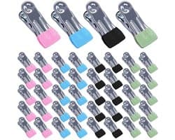 GELLDG Roestvrijstalen Wasknijpers - Sterke Klemmen - PVC Gecoat Geschikt voor Spoortloos Gebruik - Windbestendig Met Precisieveren - 40 Stuks Set - Geschikt voor Waslijn En Kantoor - Blauw, Zwart, Groen, Roze