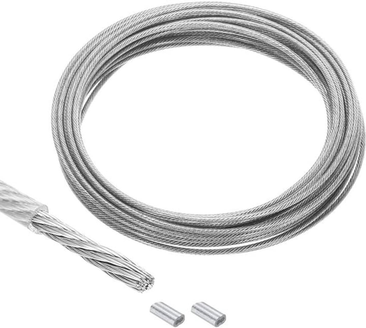 33ft Vinylgecoate Roestvrijstalen Staalkabel voor Wasrek - 2 Aluminium Hulzen - Transparant - 3/32 inch - 10m — afbeelding 1