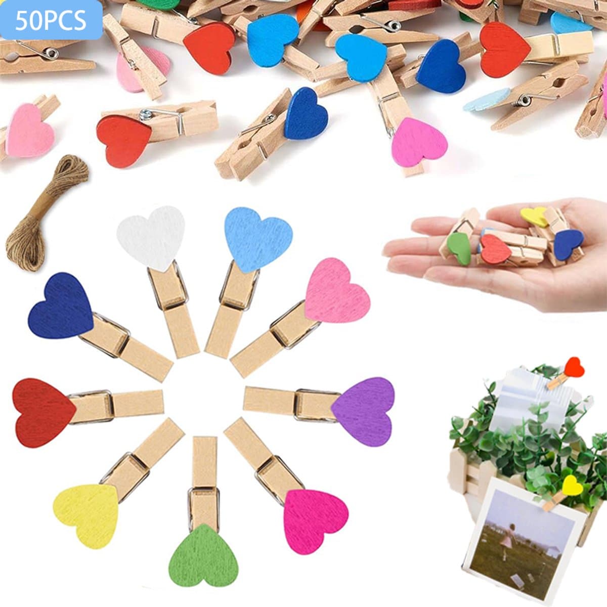 50 stuks - Mini houten wasknijpers - kleurrijke wasknijpers - houten clips - fotoclip - fotoclip houder - hartvormige houten clips - geschikt voor foto's bruiloften Kerstmis Valentijnsdag knutselwerk en decoraties — afbeelding 1