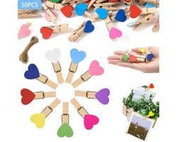 50 stuks - Mini houten wasknijpers - kleurrijke wasknijpers - houten clips - fotoclip - fotoclip houder - hartvormige houten clips - geschikt voor foto's bruiloften Kerstmis Valentijnsdag knutselwerk en decoraties