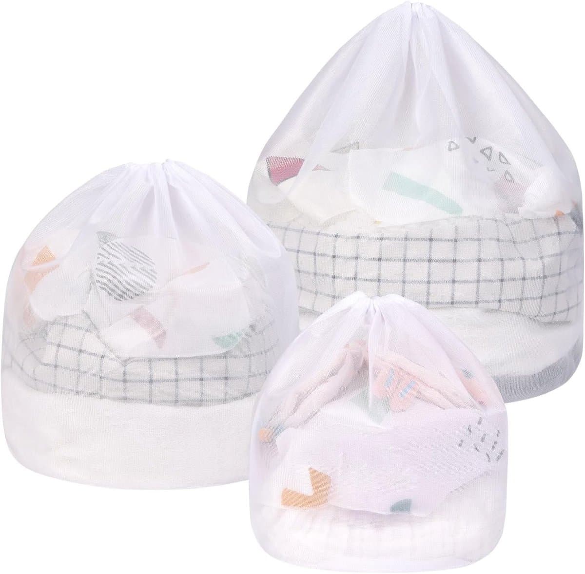 3-delige trekkoord waszak set van fijn gaas, ideaal voor delicate kleding, babykleding en speelgoedopslag — afbeelding 1