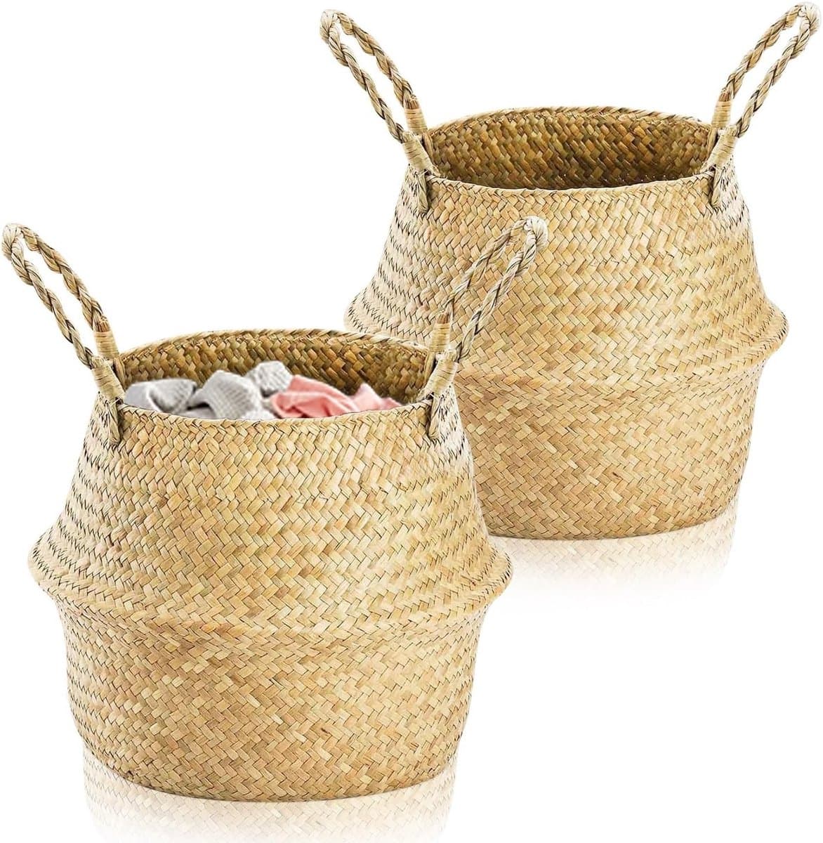 Set van 2 Opvouwbare Seagrass Opbergmanden, Kleine Wasmand en Wicker Mand met Handvat, Ideaal voor Woonkamer, Slaapkamer en Badkamer, Perfect voor Planten en Organisatie — afbeelding 1