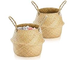 Set van 2 Opvouwbare Seagrass Opbergmanden, Kleine Wasmand en Wicker Mand met Handvat, Ideaal voor Woonkamer, Slaapkamer en Badkamer, Perfect voor Planten en Organisatie
