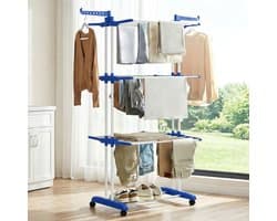 Droogtoren – Inklapbaar Wasrek met Wieltjes – Ruimtebesparend Staand Droogrek – Geschikt voor Grote Gezinnen – 76x52x170 cm – Blauw