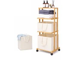 Eleganca Wassorteerder 3 Vakken - Wasmand - Met Wieltjes - H121 x L42 x B34 - Bamboe Naturel — afbeelding 1