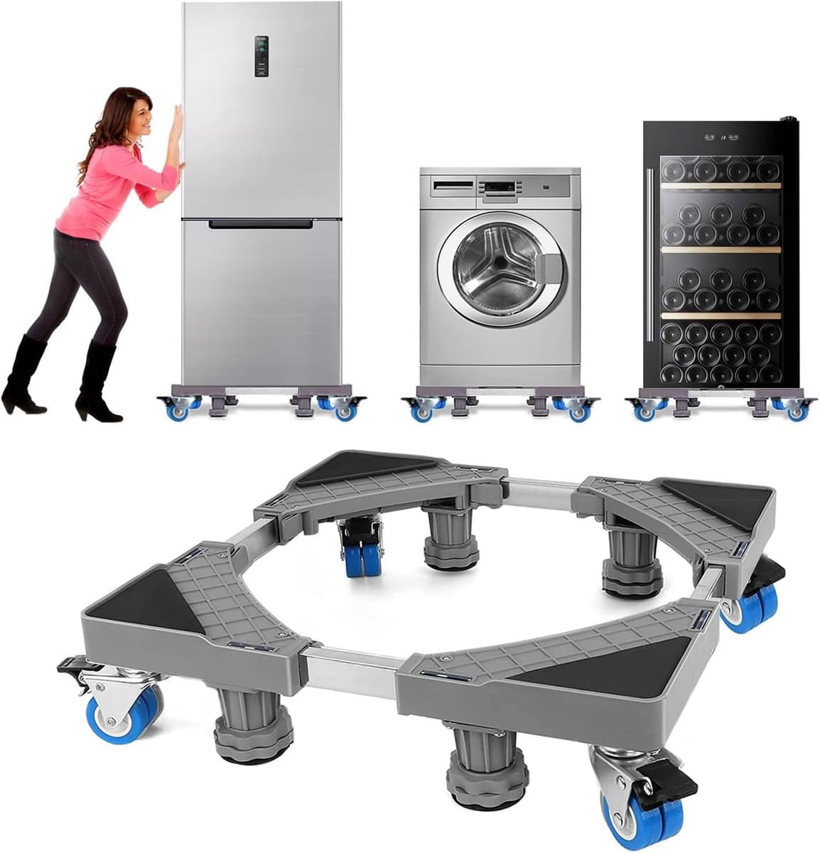 Wasmachine Verhoger op Wielen – Verstelbaar Onderstel – Anti-Trilling – 300 kg – 41,5-65 cm — afbeelding 1