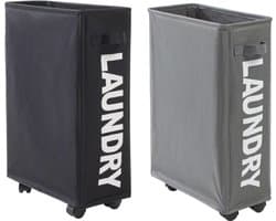 W&Z® Wasmand met deksel op wielen - Wassorteerder- wasmand 2 vakken - Opvouwbaar - 2 x 42L - Zwart en Grijs