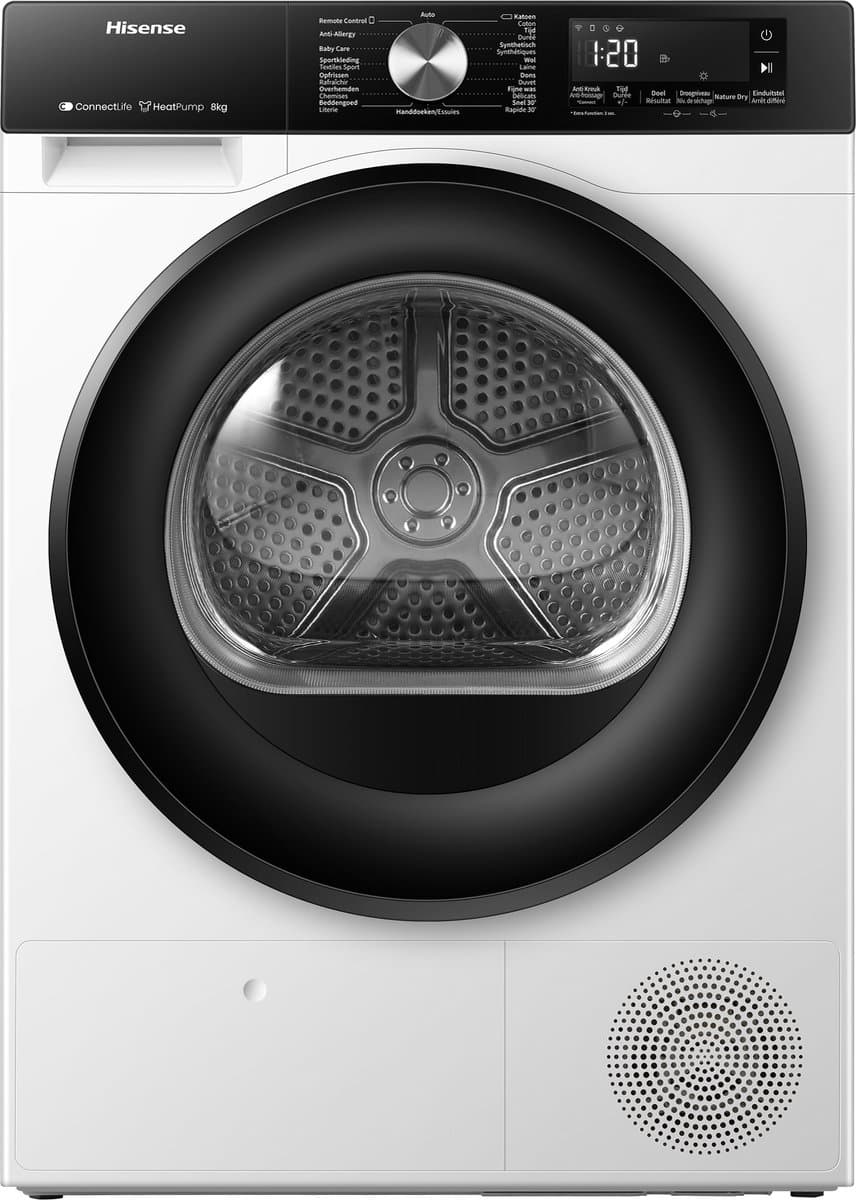 Hisense 3S Serie DH3S802BW2 - Wasdroger met Energielabel D - Warmtepompdroger - 8kg - ConnectLife - Trommelverlichting - AutoDry - Allergy Care — afbeelding 1