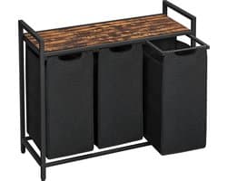 xDays Wasmand 3 vakken – uitschuifbaar met plank - 92.5 x 33 x 71 cm - wassorteerder - 114 liter verdeeld over 3 zakken – wasmanden zwart metaal en bruin hout
