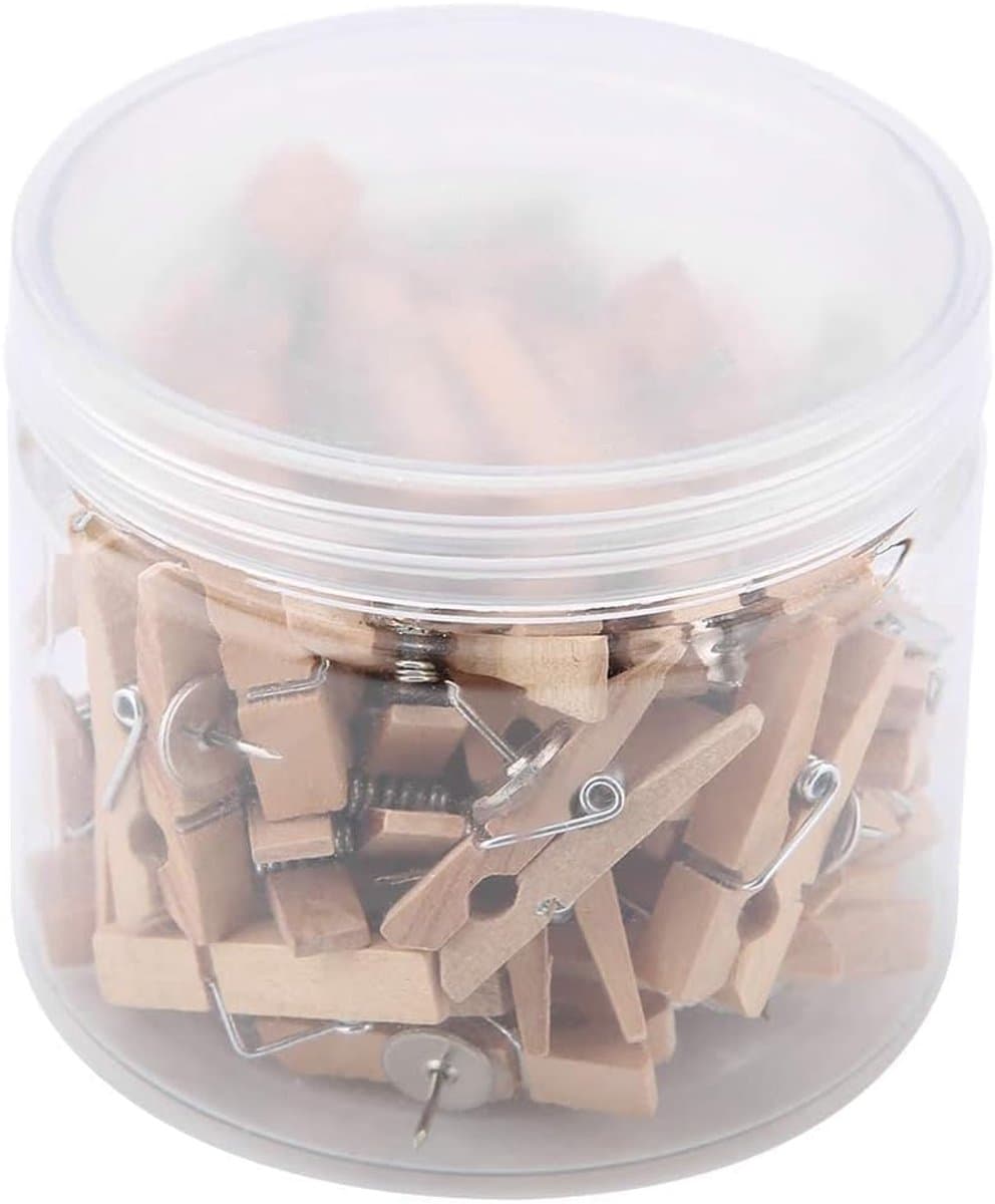 Houten Prikkers met Clips - Klemharingen Push Pins - Foto's Ophangen - Gatvrije Bevestiging - 50 stuks - Houtkleur — afbeelding 1