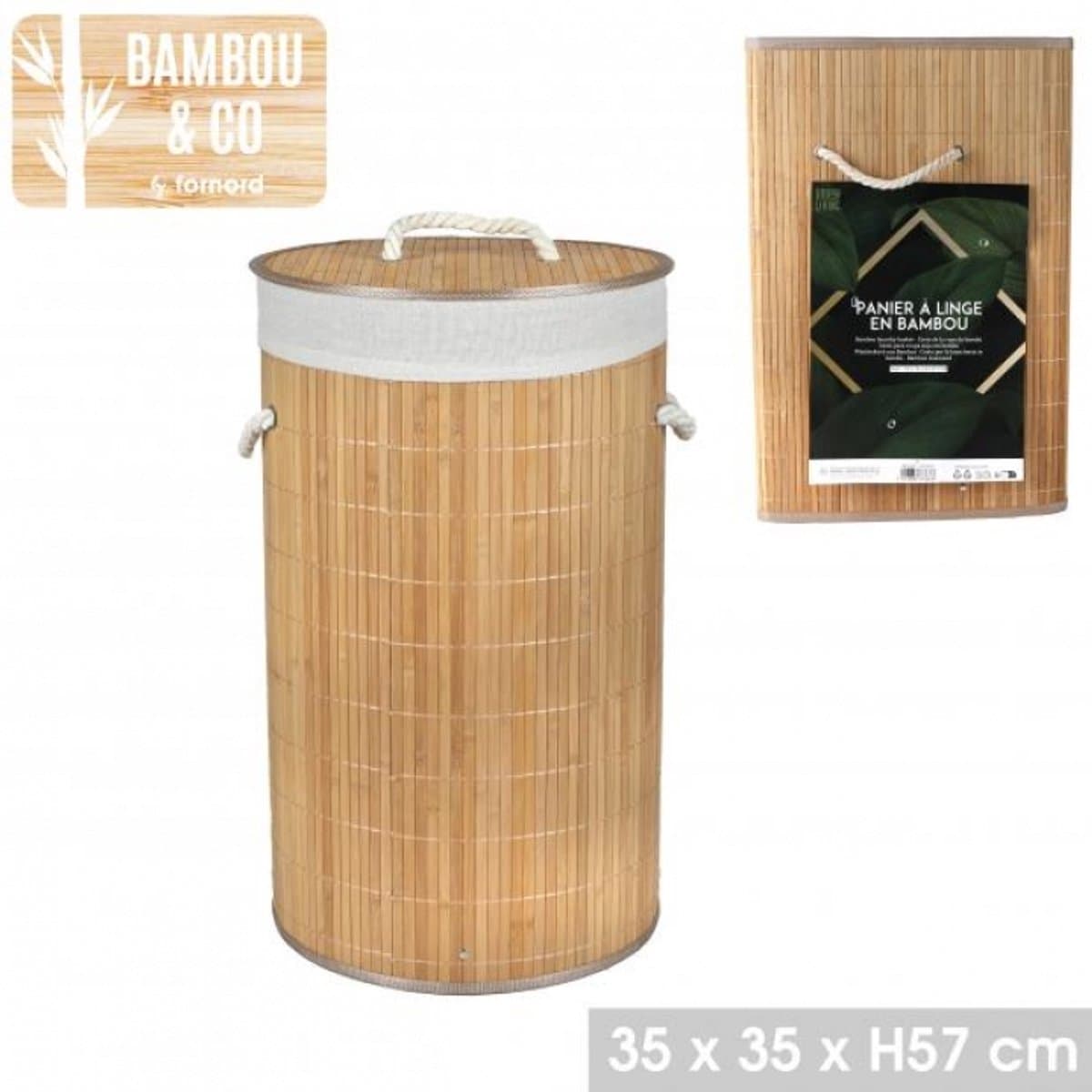 "BAMBOU & CO" RONDE WASMAND MET BAMBOE DEKSEL 54 L – 35 × 35 × H57 CM — afbeelding 1