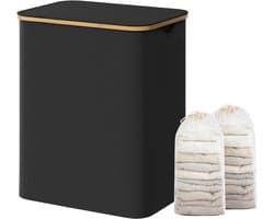 SONGMICS LCB513B01V1 - Wasmand met 2 Vakken - Opvouwbaar Deksel - Afneembare Waszak - Bamboe Handgrepen