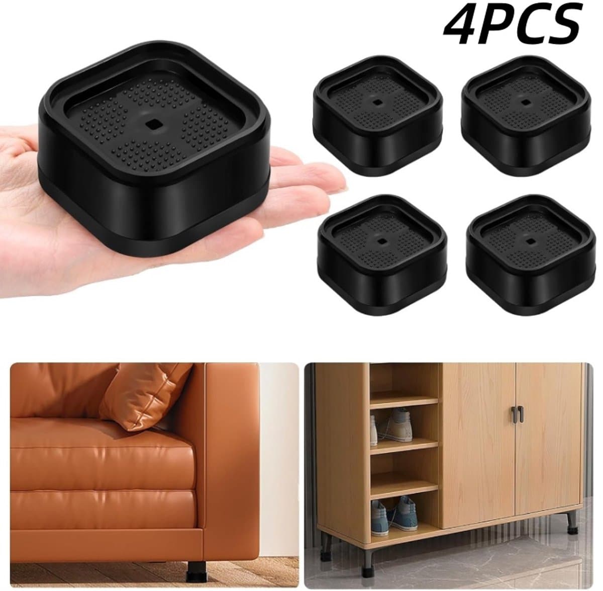 4 stuks-Meubelverhogers - voetsteunen voor wasmachines - meubelverhogers - schokabsorberende pads - vochtbestendige pads - geschikt voor bureaus, banken en wasmachines - zwart - 7 x 3,5 cm - binnendiameter 5 cm — afbeelding 1