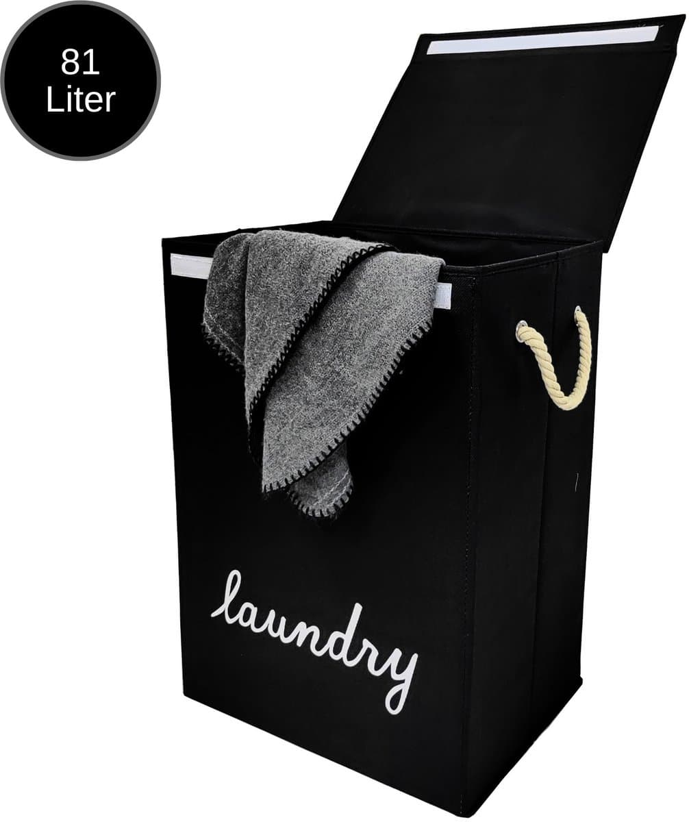 Janse® Wasmand zwart met wit - Stevige opvouwbare wasmand met deksel - 81 Liter - Met handvatten - Laundry basket - Badkamer organizer - Opbergbak - Ruime wassorteerder — afbeelding 1