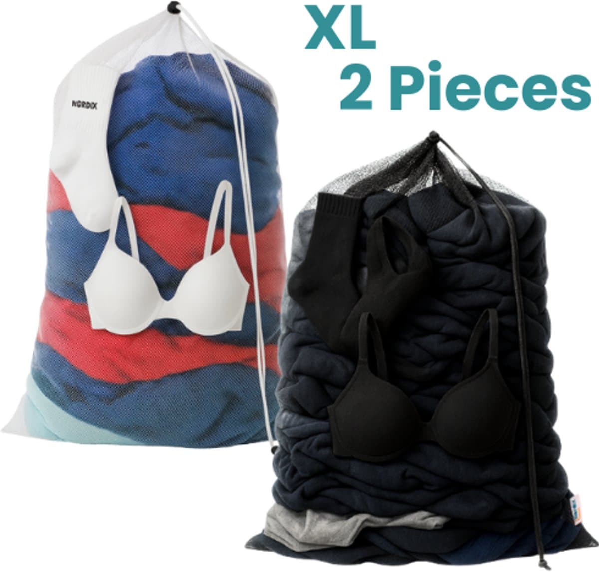 NORDIX Waszak Groot XL - 60x90CM - Waszakken - 2 Stuks - Laundry Bag - Wasnet - Waszakje - Treksysteem - Trekbandsluiting - Polyester - Schoenenzak - BLACK & WHITE — afbeelding 1
