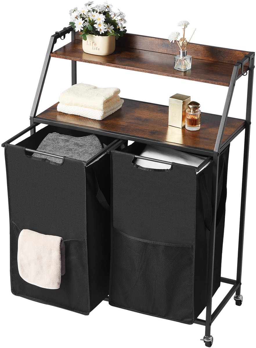 2-Laags Wasmand, met Metalen Frame en Houten Top, Rollende Mand met Dubbele Compartimenten en Ladderplanken voor Het Sorteren van Kleding — afbeelding 1