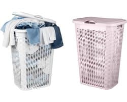 Wasmand Ventilation - met deksel - 2x - wit en roze - 50 liter - 61 x 43 cm