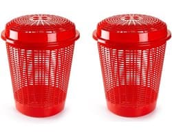 Plasticforte Wasmand met deksel - 2x stuks - 50 liter - rood - rond - D45 x H57 cm - opbergmand