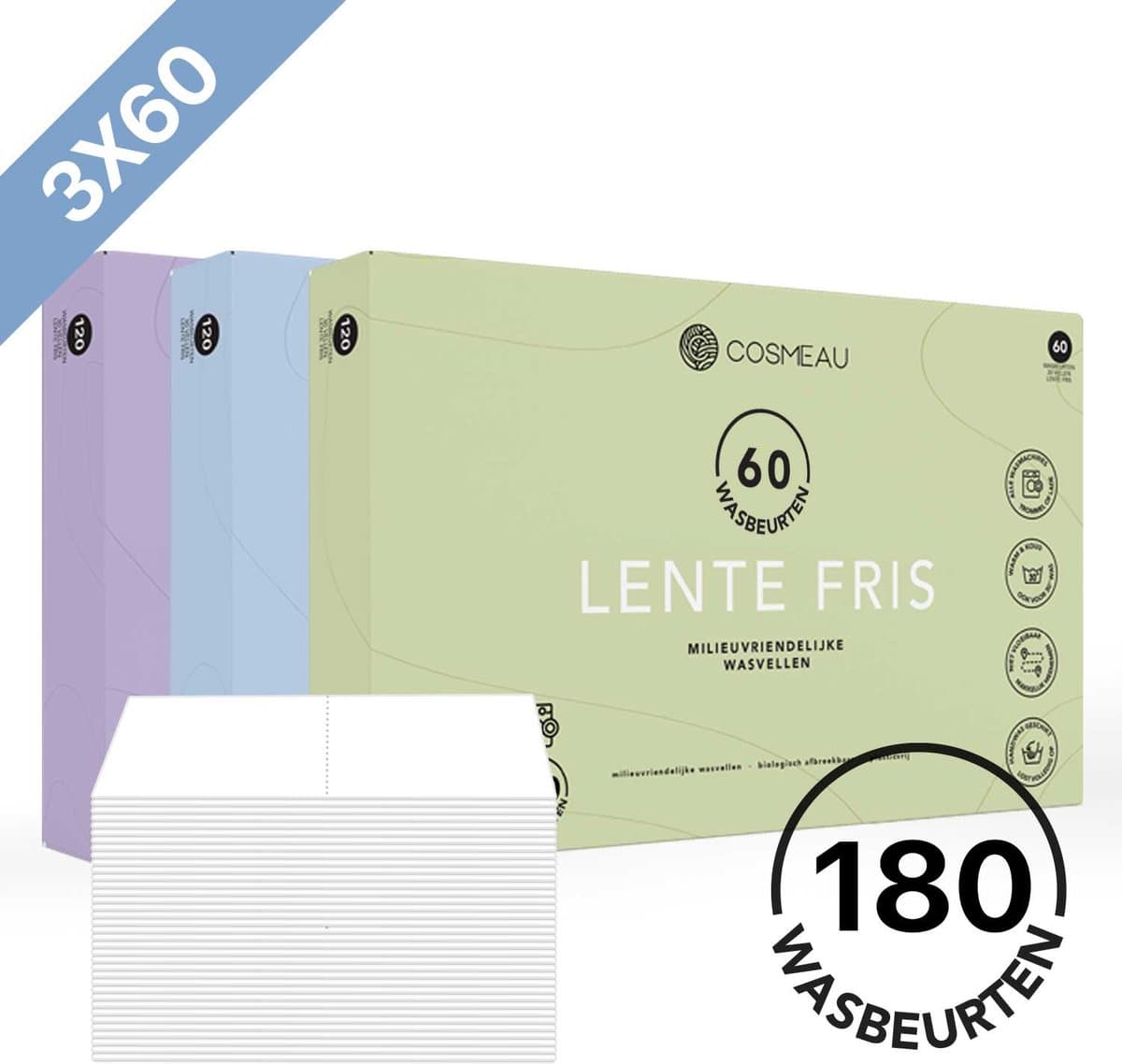 Cosmeau Proefpakket 3x60 Wasstrips 180 Wasbeurten - Lentefris Lavendel Zeebries - Wasmiddel - Voordeelverpakking - Wasvellen - Wasdoekjes - Detergent Sheets - Bamboozy - Wasmiddeldoekjes — afbeelding 1