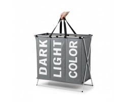 Enluxe Wasmand met 3 Compartimenten – Opvouwbare Wasbox met Aluminium Frame – Waterdicht – 130L – Grijs/Wit