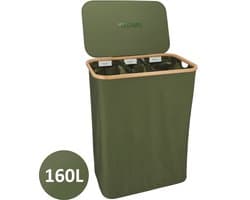 KROMS Wasmand 3 vakken - Olijfgroen - 160L - Extra groot model - Inclusief NL & EN Labels – Wassorteerder bamboe - Laundry basket - Wasmand met deksel - Opvouwbaar - 160L