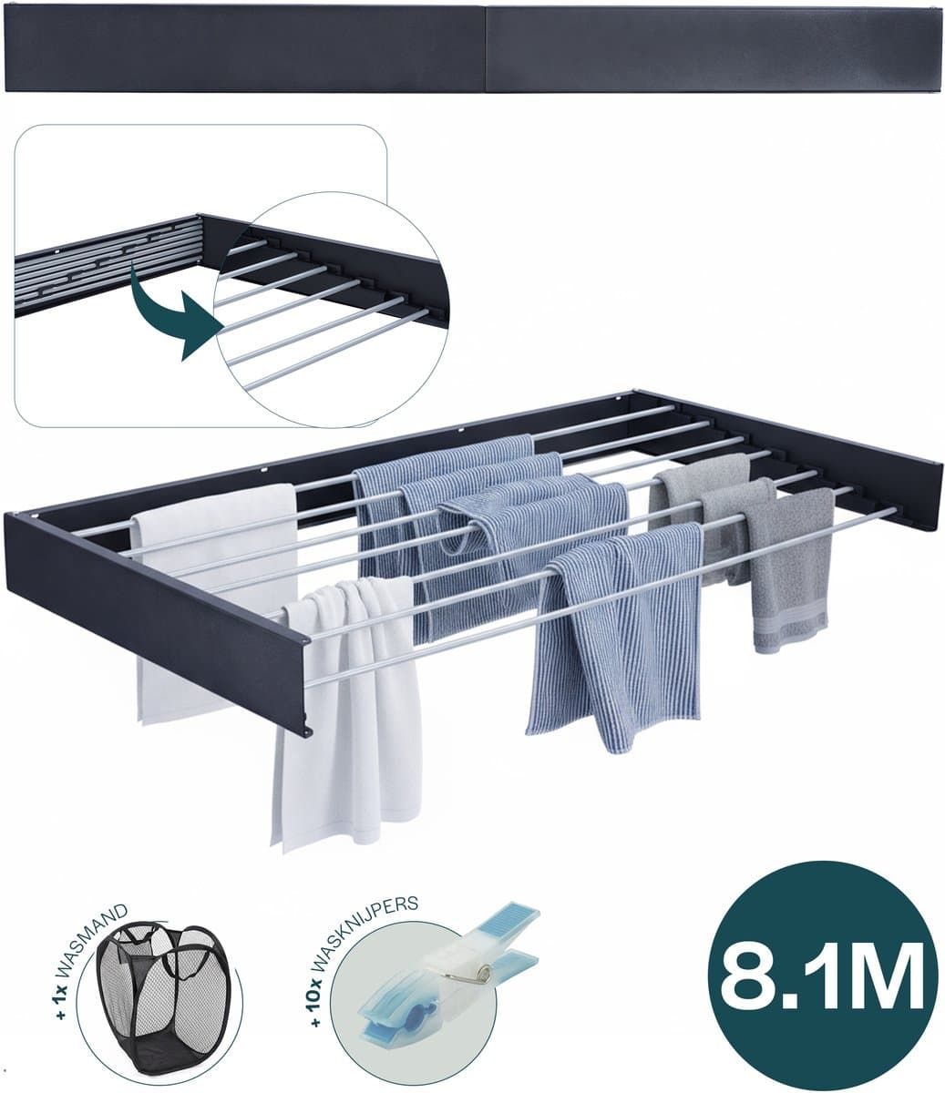 BAUER & MEYER® Wanddroogrek XXL 116cm - Droogrek Inklapbaar - Incl. 10 wasknijpers + 1x wasmand - Wasrek - 8.1 Meter drooglengte - Zwart — afbeelding 1