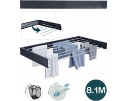 BAUER & MEYER® Wanddroogrek XXL 116cm - Droogrek Inklapbaar - Incl. 10 wasknijpers + 1x wasmand - Wasrek - 8.1 Meter drooglengte - Zwart
